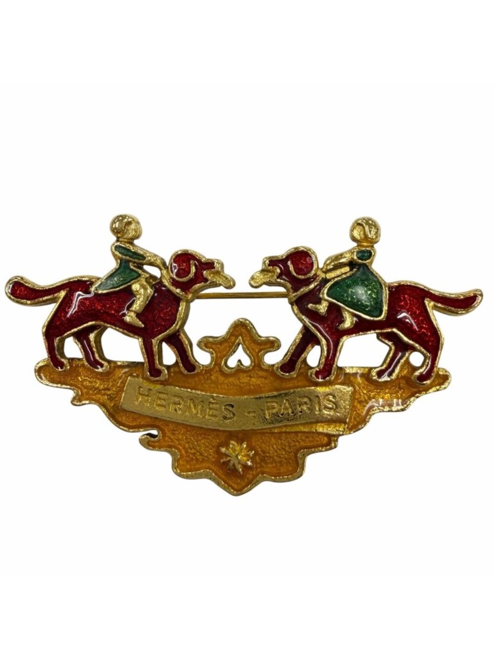 Hermes Vintage Metal Cloisonne Girl and Dog Brooch Gold Red Green